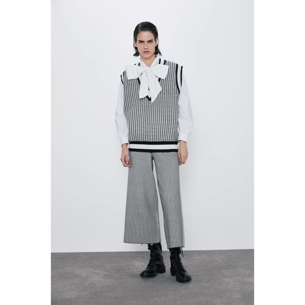 Zara Houndstooth Knit Vest and Knit Wide Leg Crop Pants Sz Large‌‌‌‌